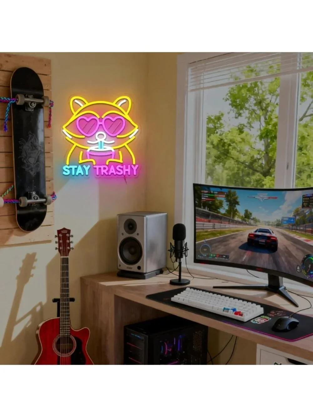 Cute Neon Raccoon Sign - Dimmable LED Wall Decor for Bedroom, Game Room